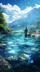 Solitary river angler under crystalline mountain daylight.