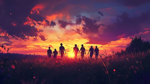 Silhouetted friends crossing luminous sunset meadow horizon.