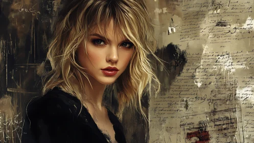 Blonde woman stands before textured script covered wall