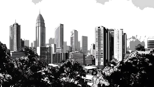 Black and white city skyline illustration with dense trees