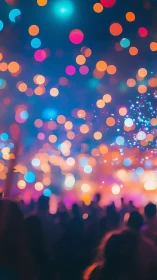 Defocused concert crowd under multicolored bokeh stage lights