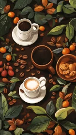 Coffee cups orbit through citrus leaves in cozy harmony