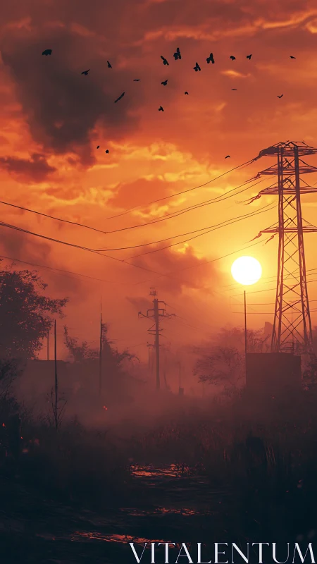 Sunset transmission towers silhouette a fogbound rural path