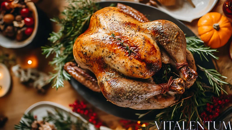 Herb roasted holiday turkey on rustic festive table setting.