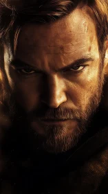 Cinematic close-up portrait renders intense, battle-worn gaze