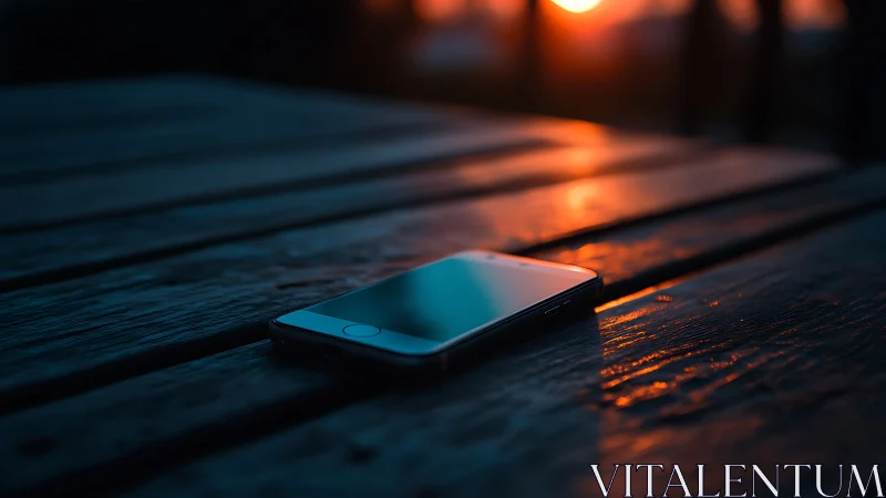 Smartphone Glows Amid Sunset Wooden Bench.