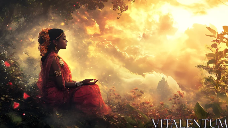 Golden forest meditation beside a distant dream temple.