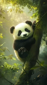 Young panda on mossy jungle tree in soft green light.