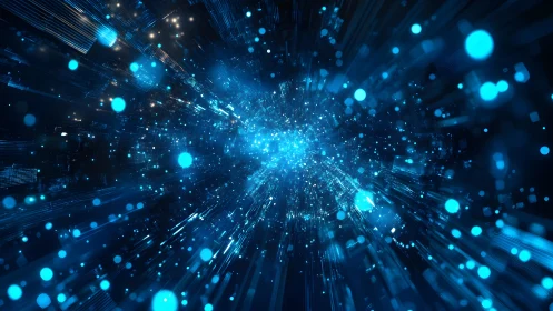 Futuristic blue light burst with glowing particles in digital style.