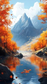 Autumn ember river beneath sky-scratching sapphire peaks.