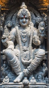 Intricately carved marble Hindu deity statue in shrine