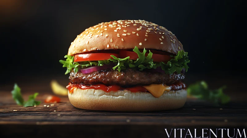 Gourmet cheeseburger on rustic wood in dramatic lighting.