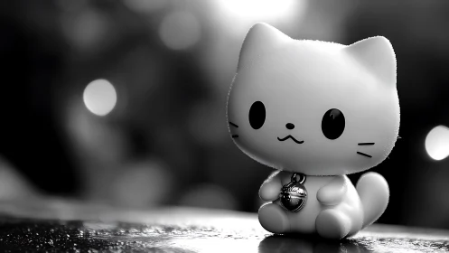 Monochromatic 3D-Rendered Stylized Feline Character With Kawaii Facial Expression and Metallic Bell 