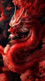 Intricate red oriental dragon coils through turbulent stylized clouds