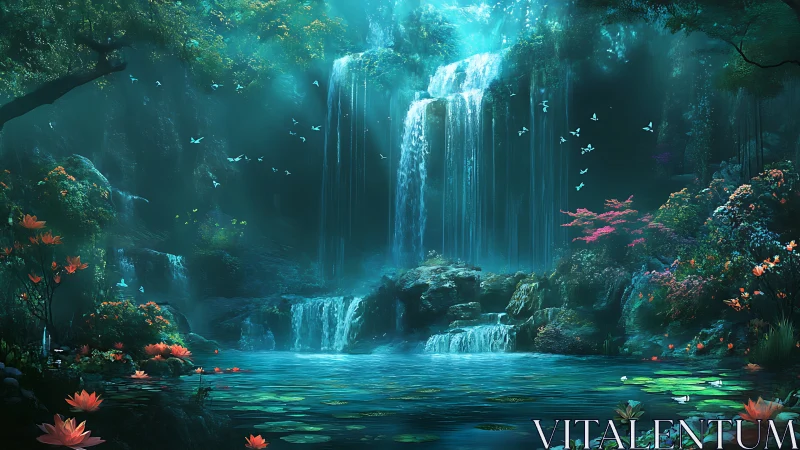 Enchanted forest waterfall glows above a tranquil lagoon.