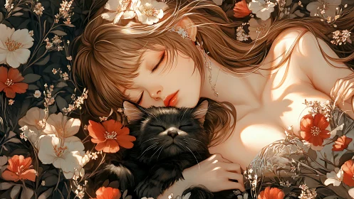 Woman Sleeping with Black Cat Among Floral Blooms.
