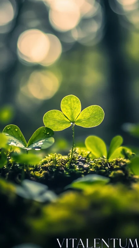 Backlit clover sprout on moss with cinematic forest bokeh.