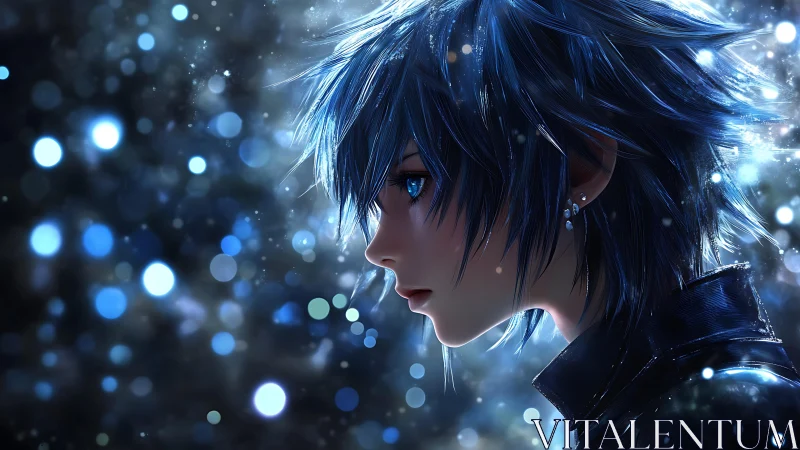 Side-lit blue-haired youth in bokeh-rich atmospheric anime profile