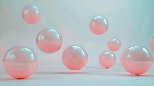 Translucent coral spheres float in soft cyan space.