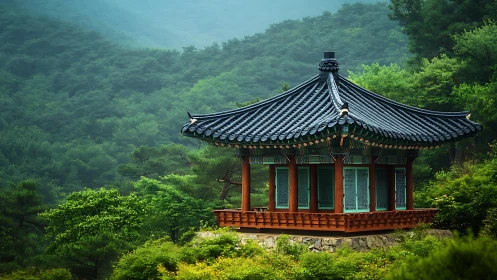 Mountain pavilion rests in serene mist among emerald forest