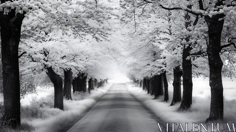 Quiet winter road drifts gently toward a soft white horizon