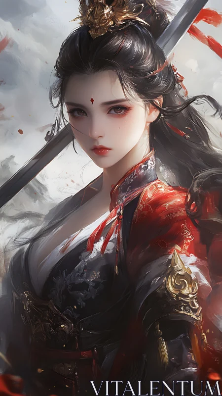 Strategic portrait of crimson-clad sword empress in motion.