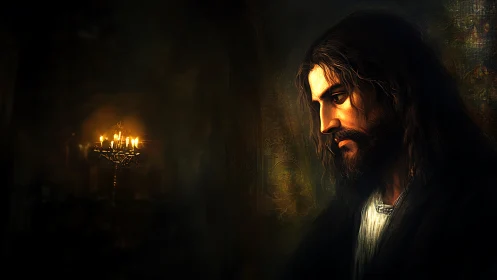 Solitary bearded man in candlelit contemplative profile portrait.