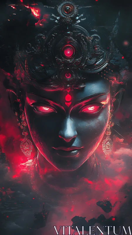 Divine cyber goddess with glowing red eyes dominates void