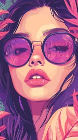 Neon-tinted portrait with reflective oversized sunglasses focus.