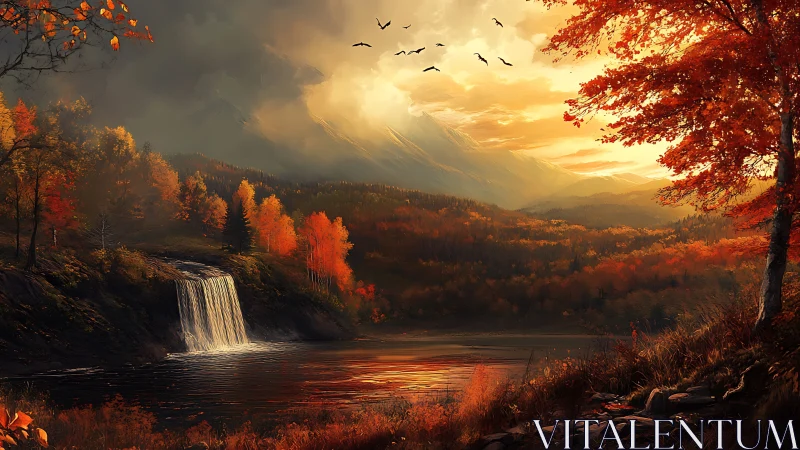 Autumn forest waterfall at sunset with misty mountain backdrop