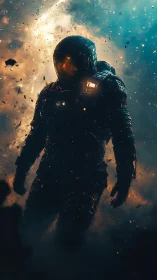 Lone space explorer walks through glowing cosmic storm