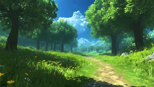 Sunlit forest trail winding toward storybook blue mountains.