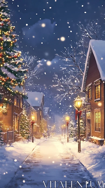 Snowy Christmas village street under glowing lamplights.