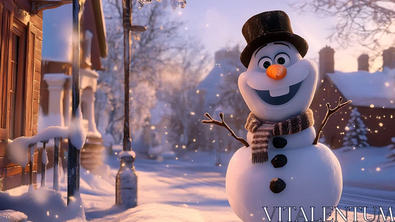 Cheerful cartoon snowman stands in glowing winter street
