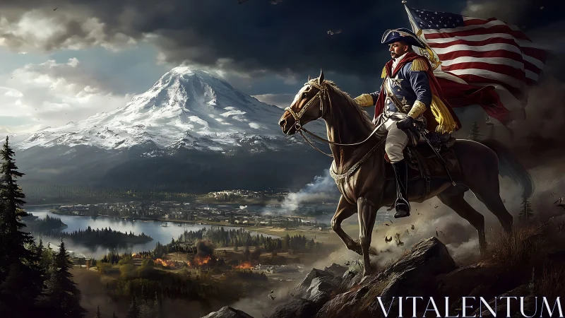 Revolutionary cavalry officer surveys burning valley battlefield