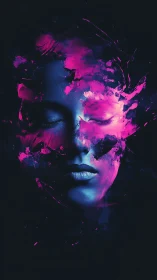 Neon-drenched portrait dissolving into cosmic darkness.