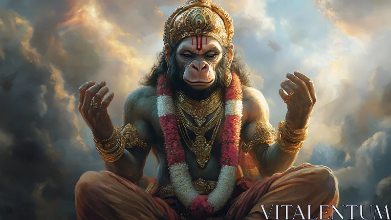 Divine monkey deity meditates in storm-lit celestial clouds