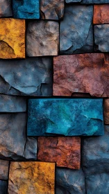 Colorful textured stone wall with blue, orange and red blocks