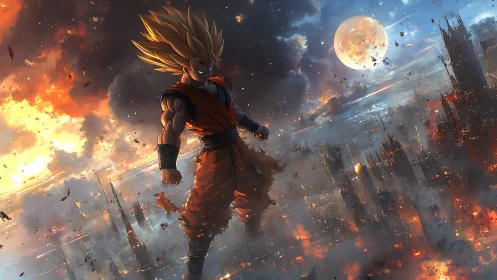 Golden-haired warrior over moonlit burning skyline.