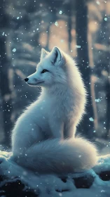 White fox in snowy forest with diffuse winter light.