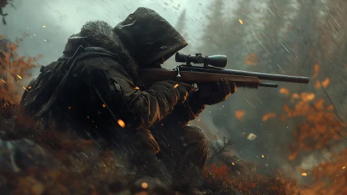 Sniper in hooded gear aiming rifle in harsh rainy forest.