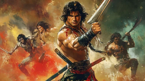 Sword-wielding warrior leads fierce battle in swirling firestorm.