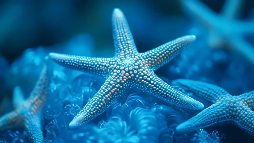 Gentle blue starfish drifting through a velvet ocean dream.