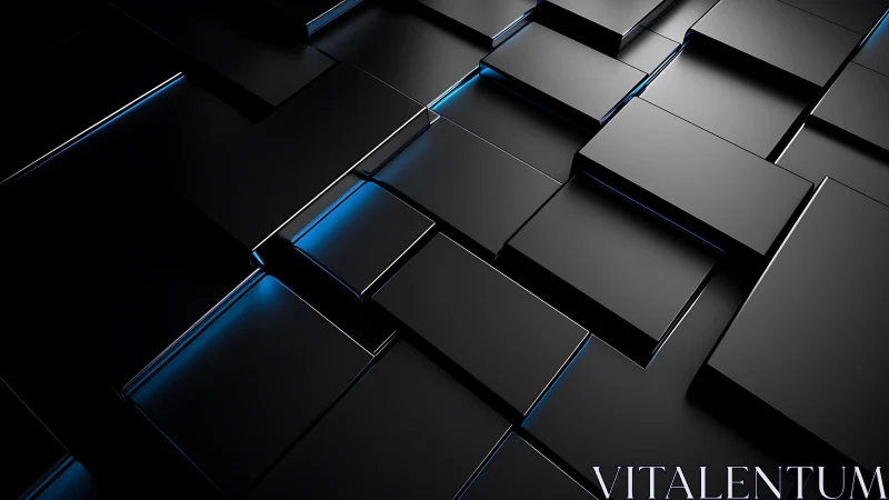 Futuristic black 3D geometric blocks with blue neon highlights.