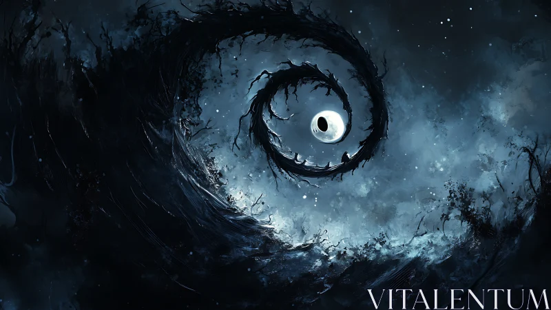 Spiral void with central eye form in dark abstract field.