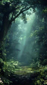 Misty Jungle Canopy with Ancient Trees and Ethereal Light