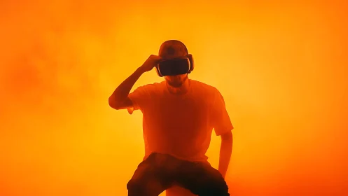Silhouetted VR user in vivid orange immersive glow.