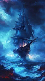 Stormlit ghost galleon carves neon firepaths through waves