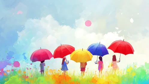 Children with Colorful Umbrellas in Watercolor Meadow Scene.