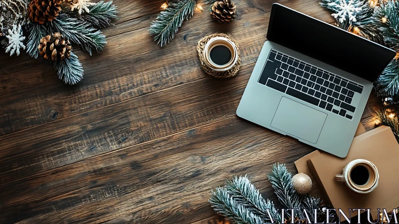 Winter workstation hums softly between pine, lights, and coffee